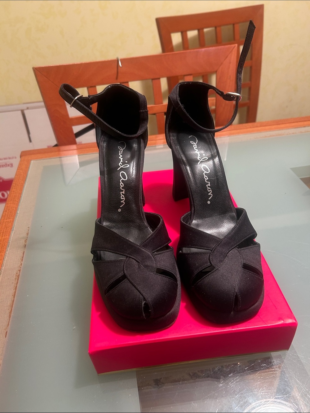 David Aaron Black Knotted Peep-Toe Ankle-Strap Platform Heels. Made in Spain